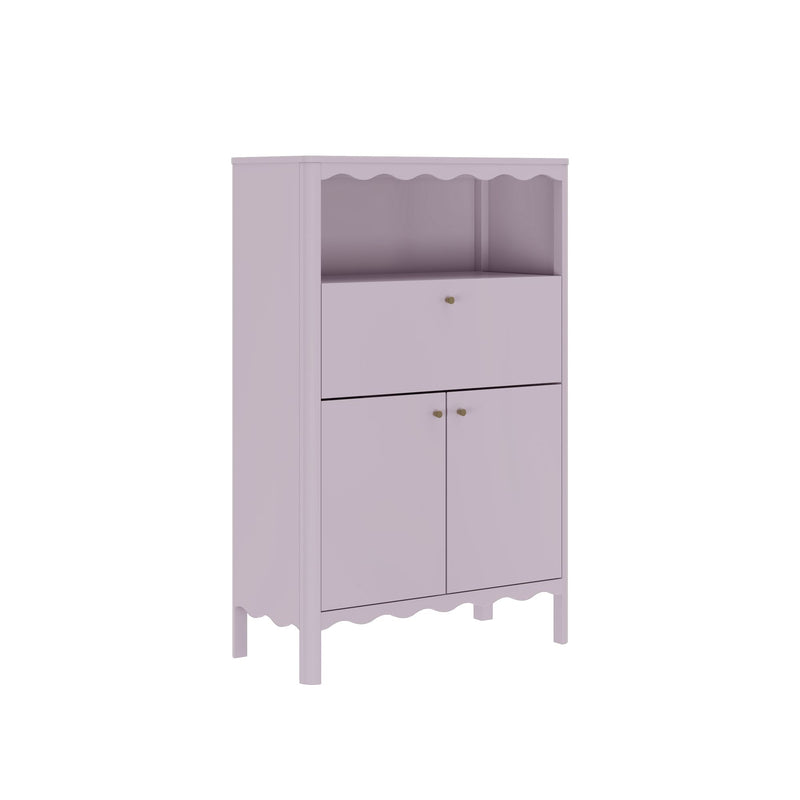 Lavender painted wood cabinet with scalloped trim, open display shelf, drop-front drawer and double-door lower storage with brass-tone knobs