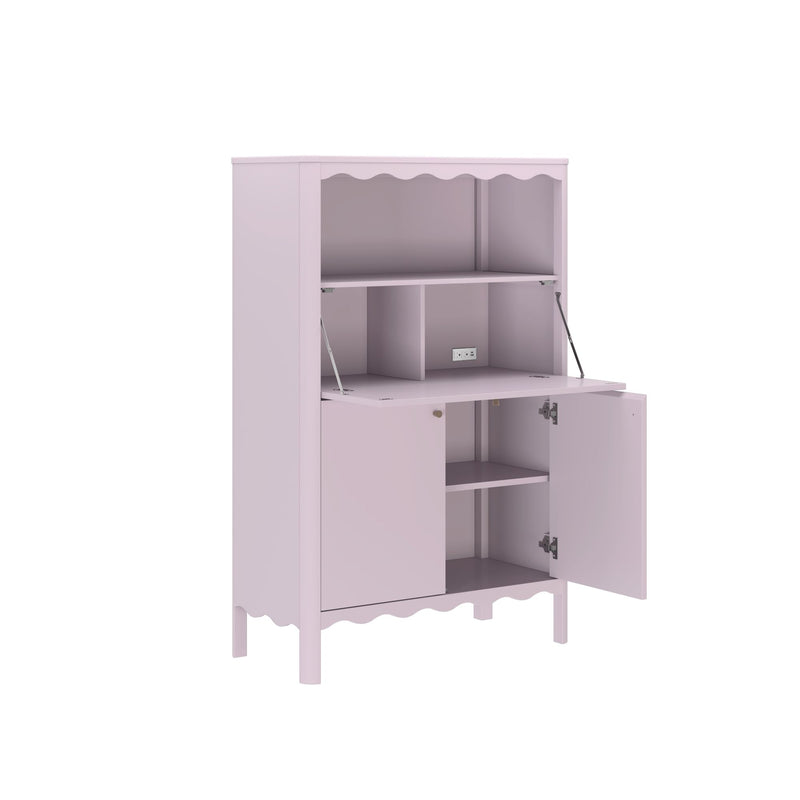 Pastel pink secretary desk with drop-down work surface, storage cubbies, built-in power outlet and scalloped trim