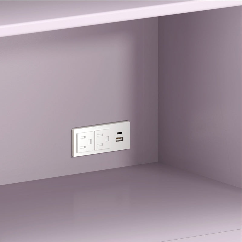 Modern white USB wall outlet with two AC sockets and USB-C/USB-A charging ports installed above a lavender countertop and wall, built-in USB charger for kitchen or office