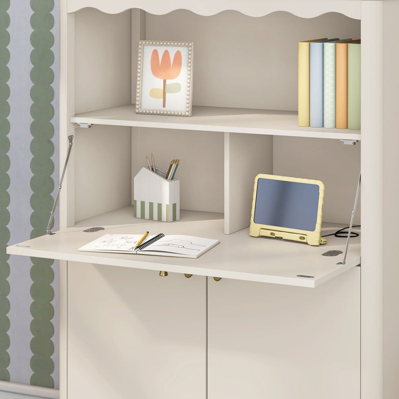 White wall-mounted children's study desk with fold-down workspace, open notebook and pencil, yellow tablet stand, framed tulip art and pastel-colored books on shelf — organized kids homework and craft nook