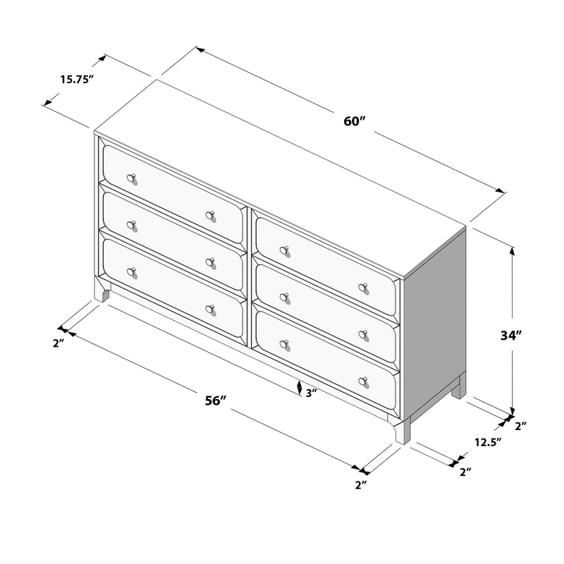 Isometric line drawing of a six-drawer dresser with dimensions labeled (60 in top length, 56 in width, 34 in height, 15.75 in depth) showing drawer fronts, knobs and leg clearance — furniture dimensions diagram for room planning