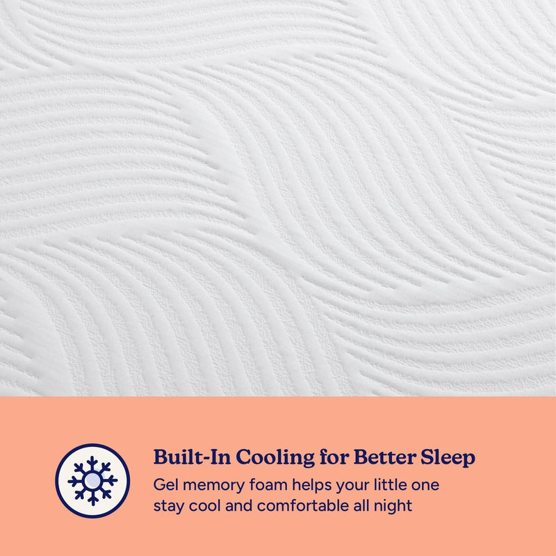 Close-up of quilted white crib mattress with wavy pattern and peach banner reading "Built-In Cooling for Better Sleep" — gel memory foam, breathable cover for cool comfortable baby sleep