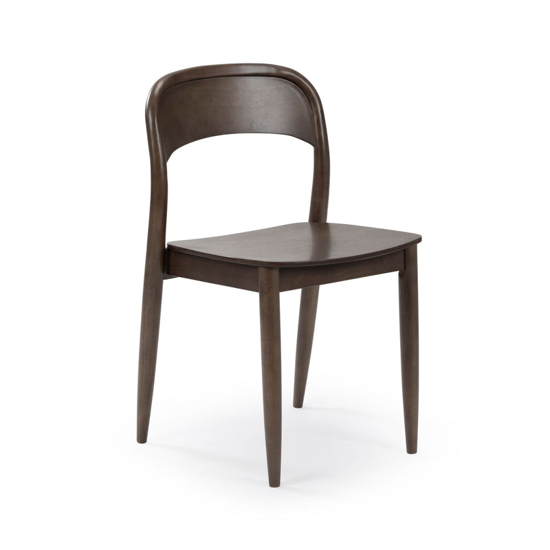 Dark wood mid-century modern dining chair with curved backrest, tapered legs, and flat seat on white background