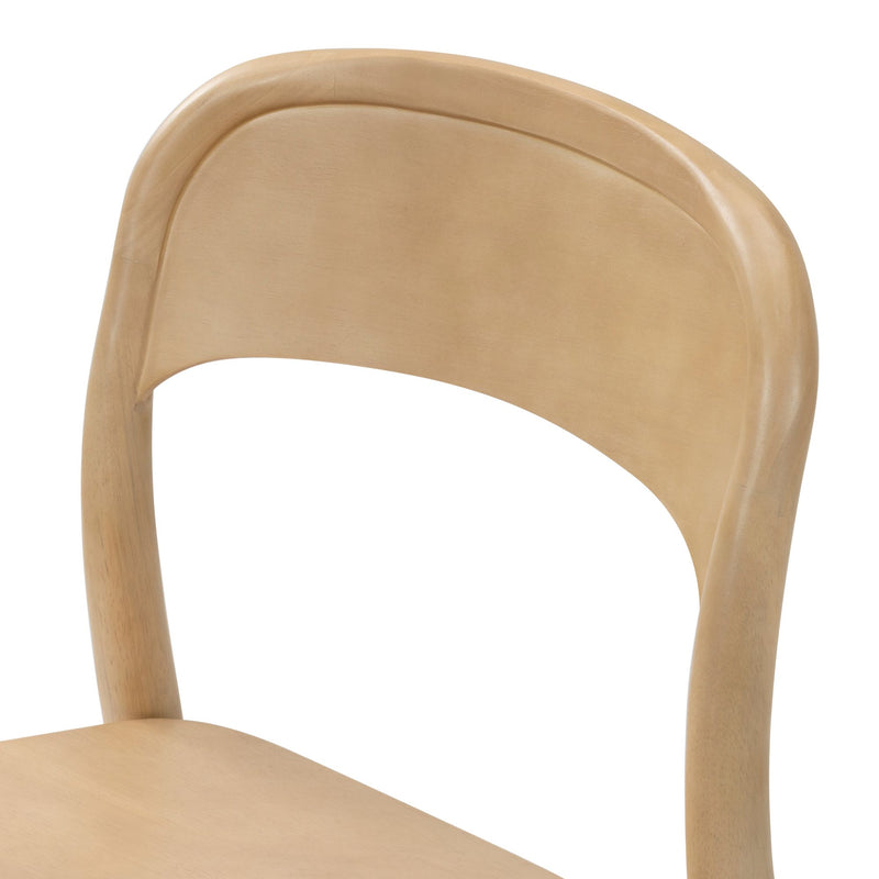 Close-up of curved natural beech wood dining chair backrest showing smooth grain and modern Scandinavian design