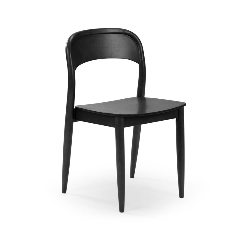 Black wooden dining chair with curved backrest and tapered legs, modern minimalist wooden chair on white background