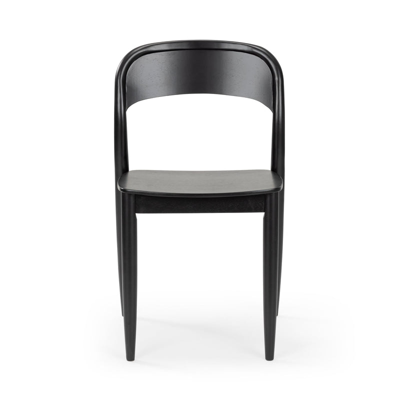 Black wooden dining chair with curved arched backrest and tapered legs, modern minimalist design on white background