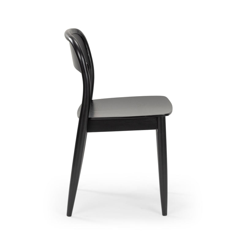 Side view of black bentwood dining chair with curved backrest and gray seat on white background