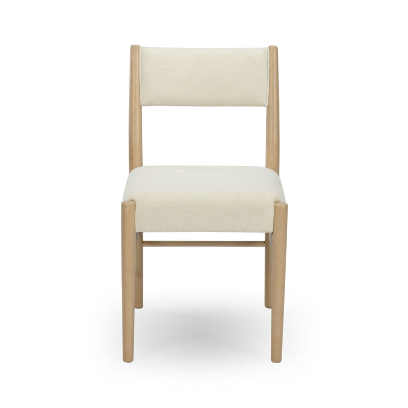 Minimalist beige boucle upholstered dining chair with light natural wood frame on white background