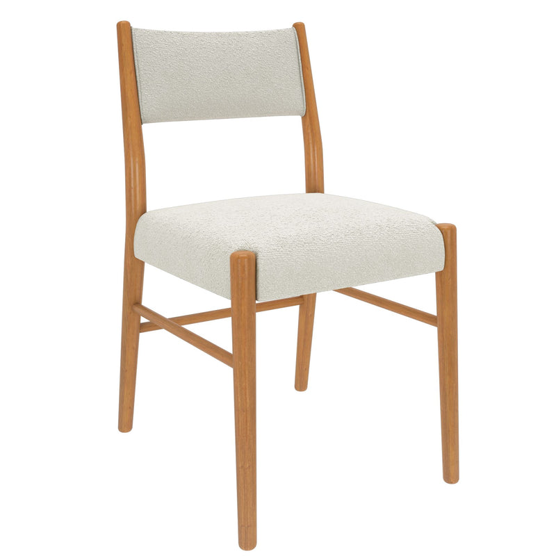 Mid-century modern dining chair with white boucle upholstery, padded seat and back, light oak wooden frame, close-up