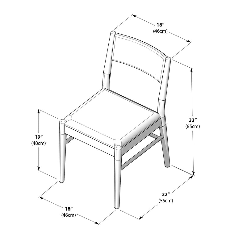 Dining chair dimension diagram: wooden frame with padded seat and curved backrest — overall height 33″ (85cm), seat height 19″ (48cm), seat width 18″ (46cm), depth 22″ (55cm).