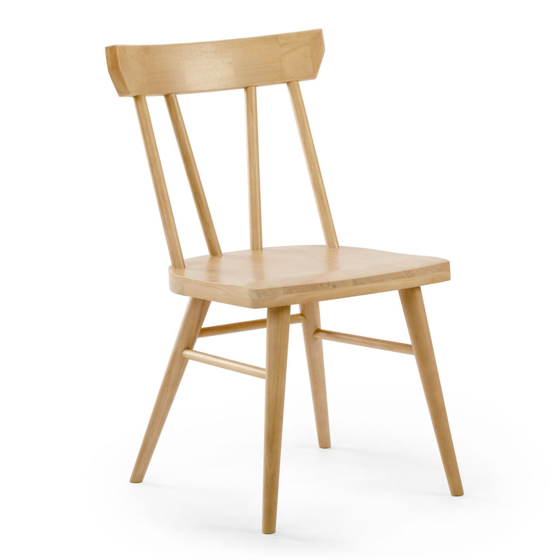 Scandinavian light beech wood dining chair with spindle back, solid wood seat and tapered legs in natural finish