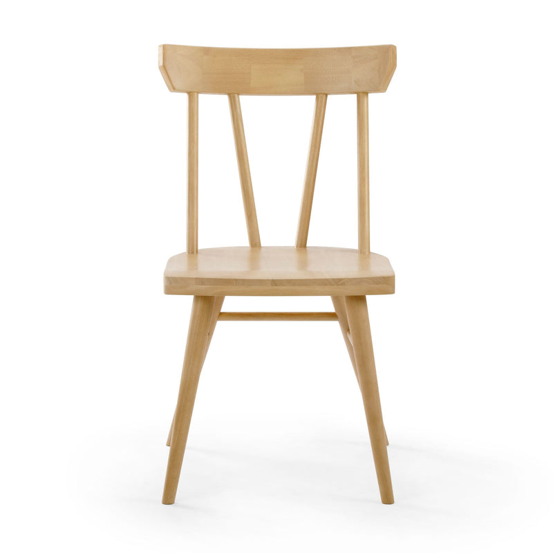 Minimalist Scandinavian light beech wood dining chair with spindle back and tapered legs on white background