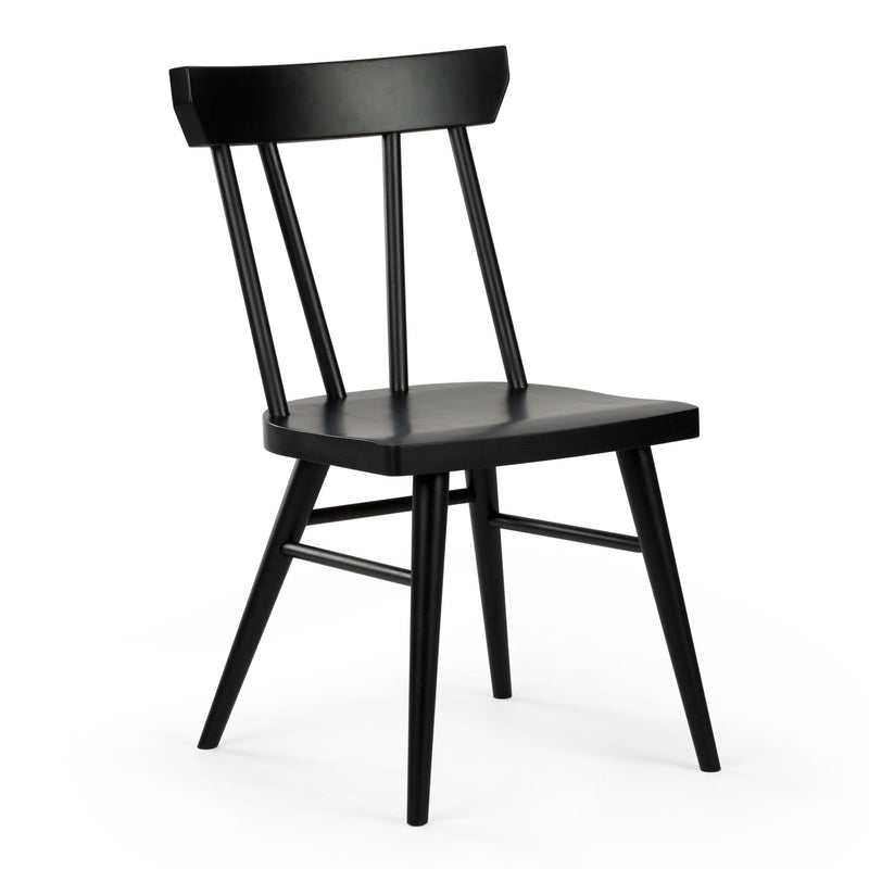Matte black wooden spindle-back dining chair with rounded seat and tapered legs, mid-century modern kitchen chair on white background