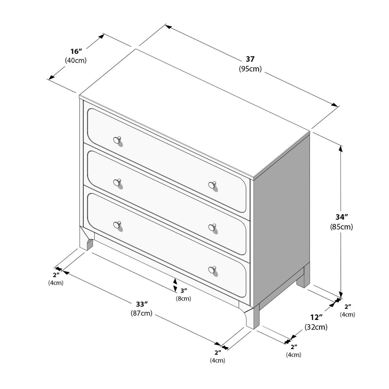 Three-drawer dresser dimensions diagram showing overall 37 in x 16 in x 34 in (95 x 40 x 85 cm), drawer width 33 in (87 cm), 3 in (8 cm) toe-kick and 12 in (32 cm) leg spacing.