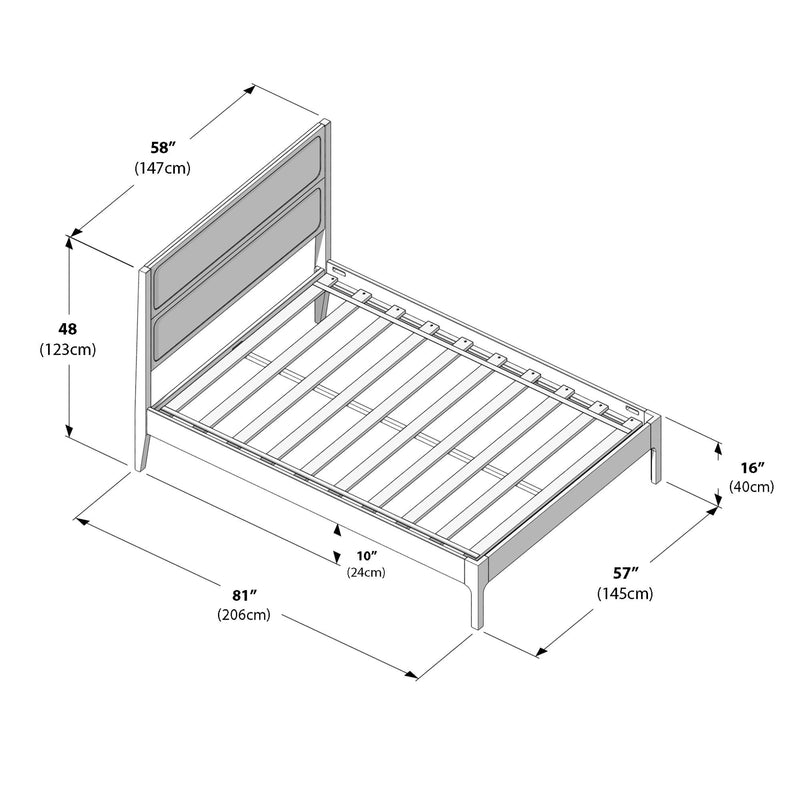 Assembly diagram of a wooden bed frame with slatted base and padded headboard, labeled dimensions 81" (206 cm) length, 57" (145 cm) width, and 48" (123 cm) headboard height