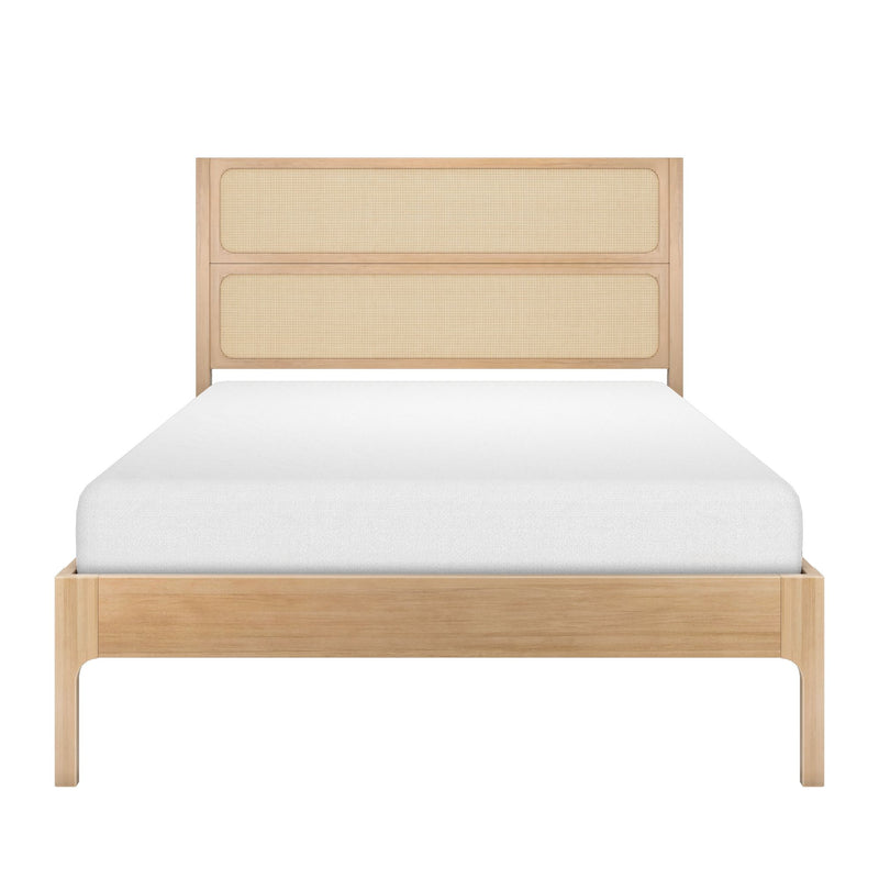 Natural wood platform bed with woven cane rattan headboard and white mattress, modern boho bedroom furniture
