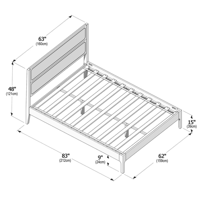 Platform bed frame assembly diagram with slatted wood base and padded headboard, dimensions labeled 83"×62"×48" (212×159×121 cm)