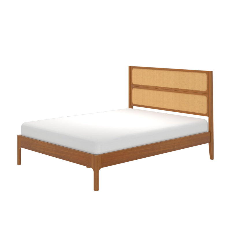 Wooden platform bed with woven rattan cane headboard and white mattress, mid-century modern minimalist bedroom furniture