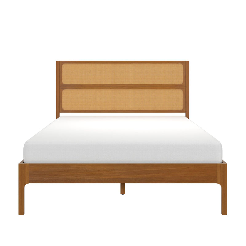Mid-century modern wooden platform bed with woven rattan cane headboard, natural oak finish and white mattress