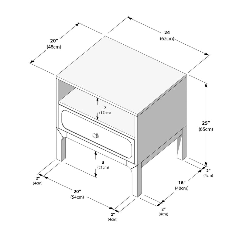 Nightstand dimensions diagram of a modern wooden bedside table with single drawer and shelf, labeled measurements in inches and cm: top 20" (48 cm) wide, depth 24" (62 cm), total height 25" (65 cm), drawer opening 7" (17 cm) and leg spacing 20" (54 cm)