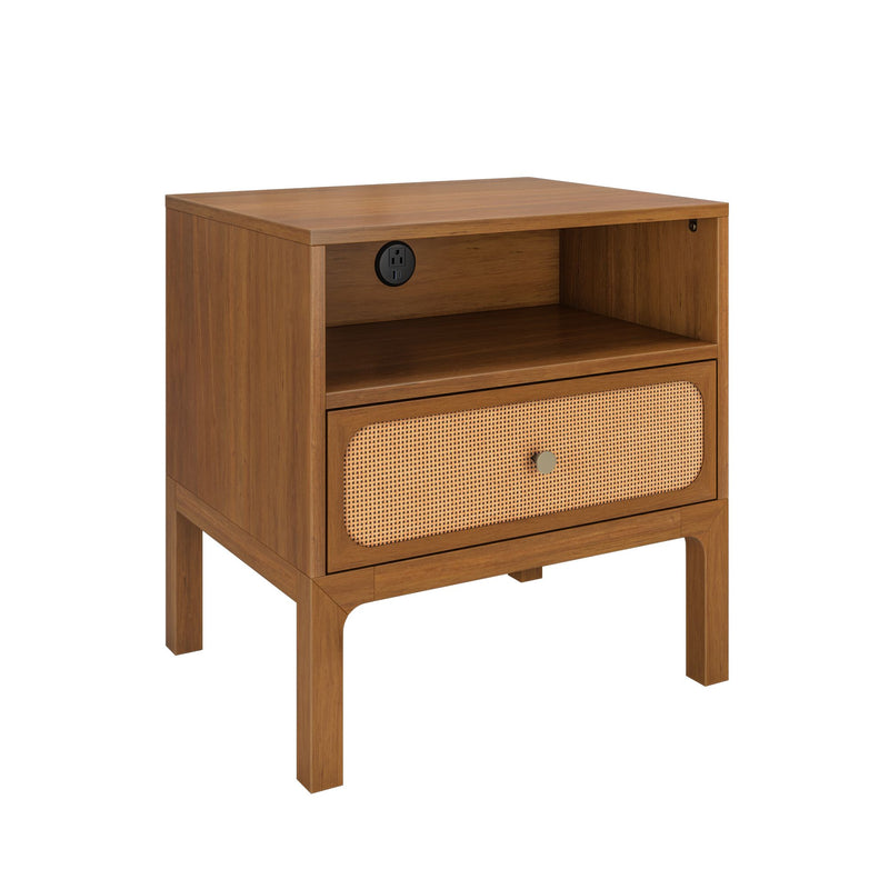 Mid-century modern walnut bedside table with cane rattan drawer, open shelf and built-in power outlet with USB port, tapered legs