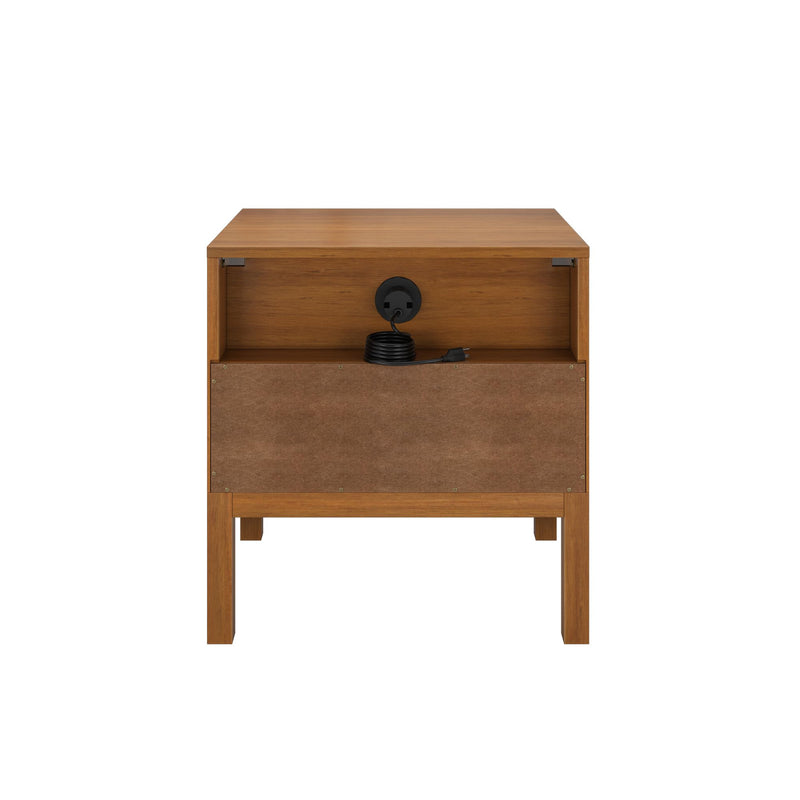Brown oak nightstand with open back storage, integrated round power outlet and coiled black power cord for cable management