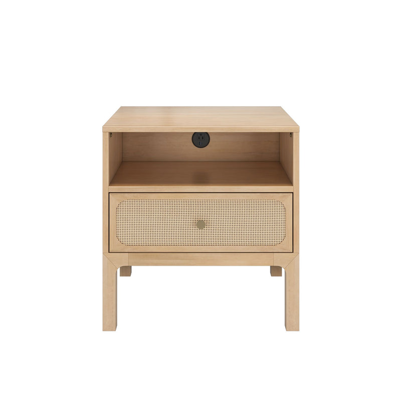 Scandinavian light wood nightstand bedside table with cane rattan drawer front, open shelf and built-in round power outlet