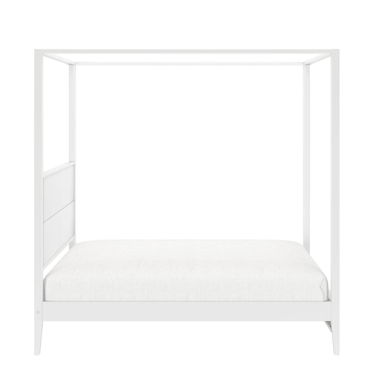 White modern four‑poster canopy bed frame with white mattress, minimalist platform bed for bedroom decor
