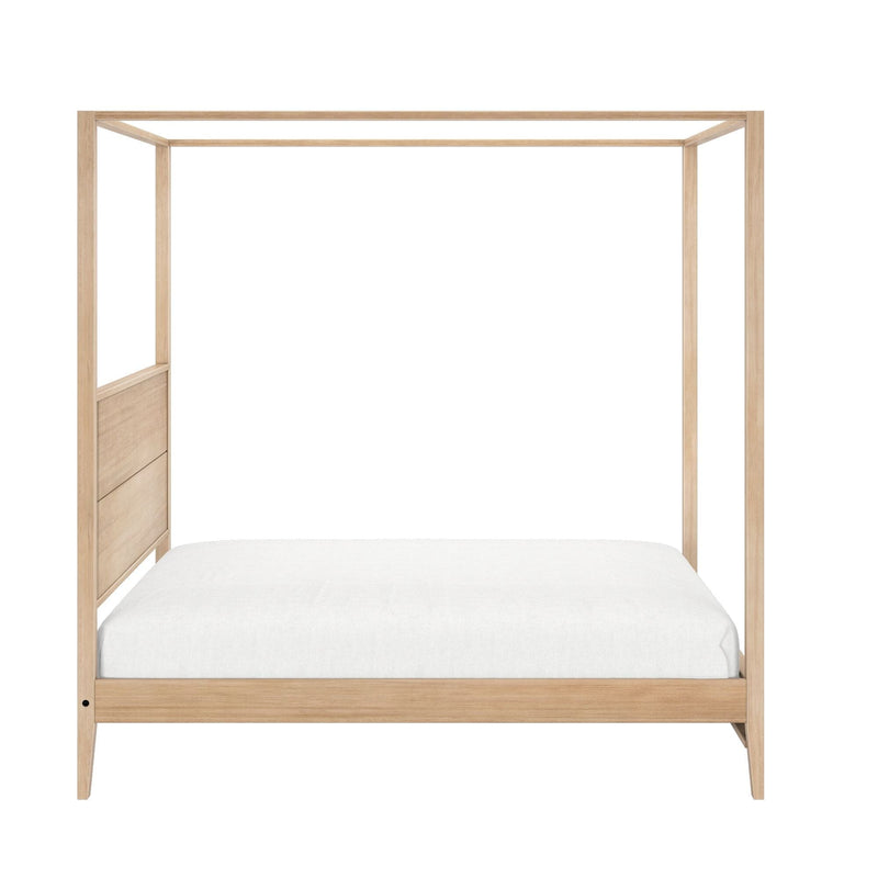 Light oak solid-wood canopy (four-poster) bed frame with natural finish and white bedding — minimalist modern bedroom furniture