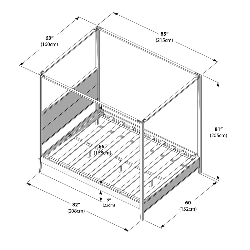 Bunk bed frame assembly diagram with slatted mattress supports and annotated dimensions in inches and centimeters (82 in, 66 in, 85 in, 63 in, 81 in, 60 in) — detailed loft bed measurements for buying, planning, and assembly