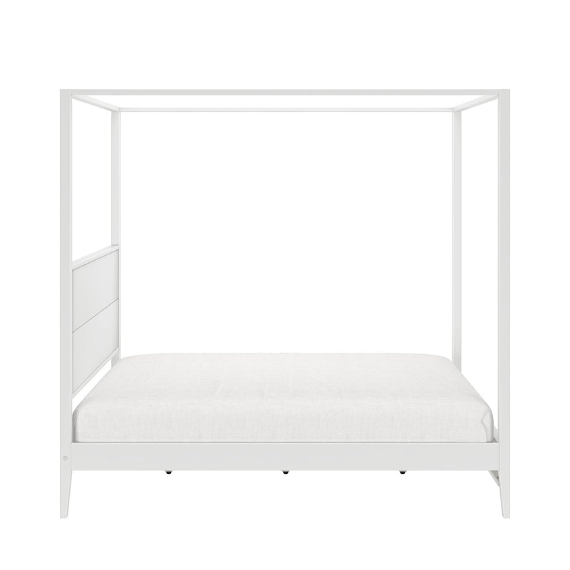 White four-poster canopy bed frame with white mattress, modern minimalist platform bed for bedroom