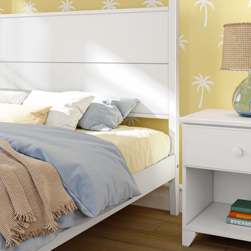 Coastal-style bedroom interior with white bed and headboard, blue and yellow bedding, beige knit throw, palm-print yellow wallpaper, and white nightstand topped with a woven rattan lamp.