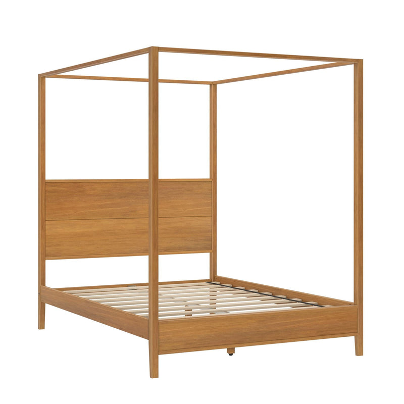 Modern wooden canopy bed frame in natural oak finish with slatted platform and panel headboard — minimalist four‑poster bedroom furniture