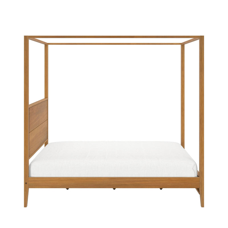 Minimalist natural oak wooden canopy (four‑poster) bed frame with white linen bedding, modern bedroom furniture