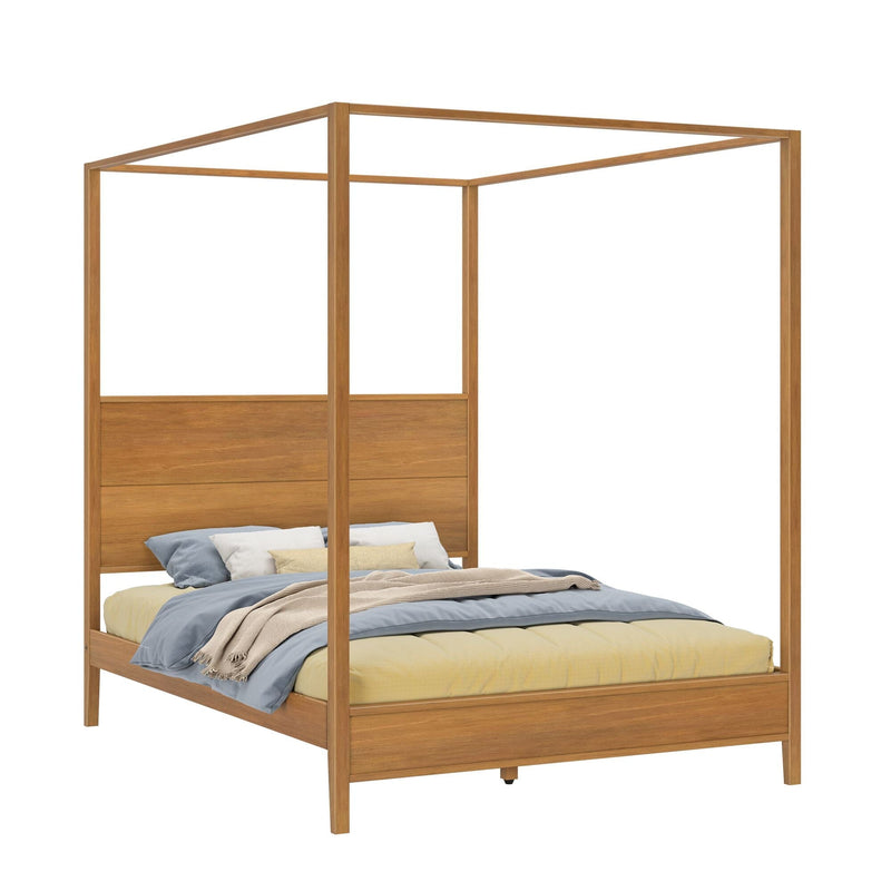 Natural wood four-poster canopy bed frame with wood headboard and layered neutral bedding — modern minimalist canopy bed for bedroom, product photography on white background