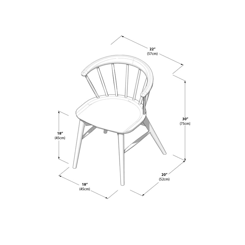 Technical line drawing of a wooden Windsor-style dining chair with spindled back and dimension labels (30″/75cm height, 22″/57cm back width, 18″/45cm seat height, 20″/52cm seat depth)