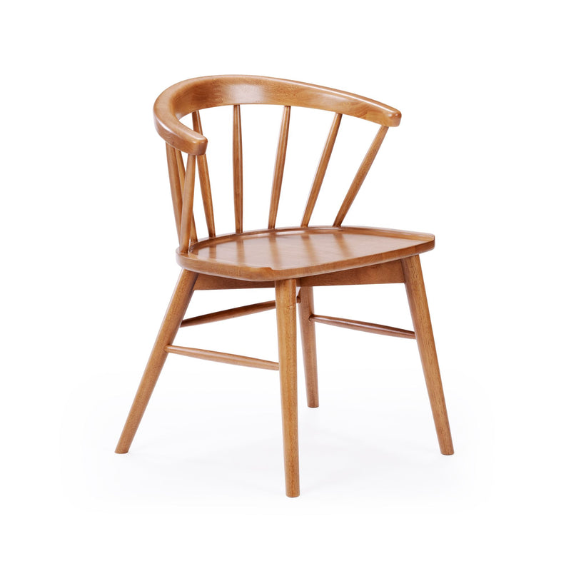 Light brown natural wood spindle-back dining chair with curved armrest, round seat and tapered legs on white background