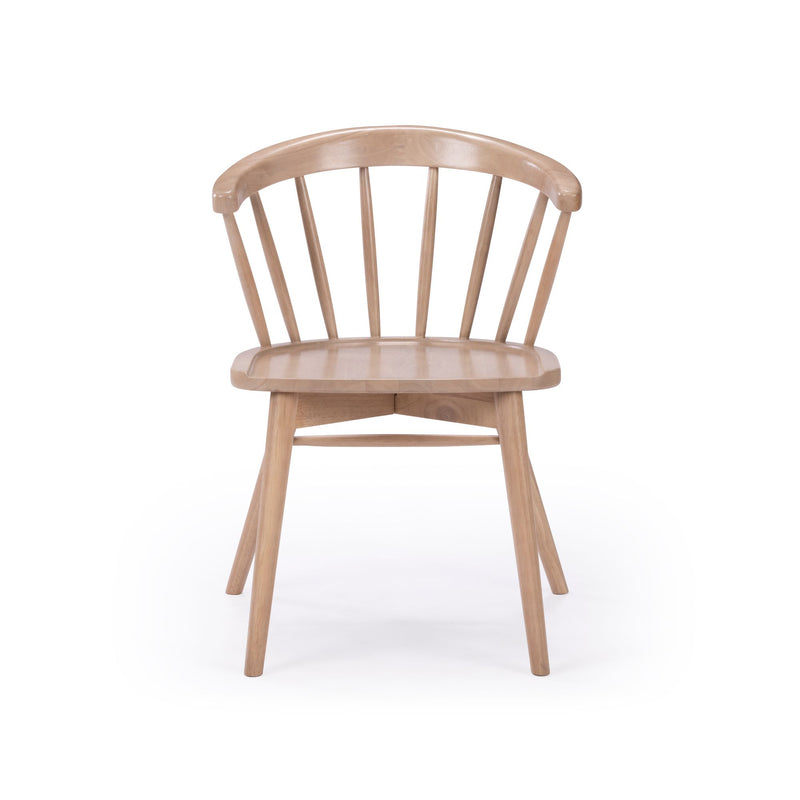 Light natural wood spindle-back dining chair with curved top rail, contoured seat and splayed legs on white background