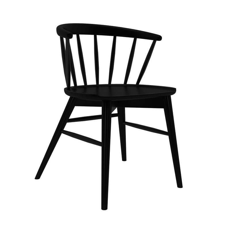 Black wooden Windsor dining chair with curved spindle back and matte finish, modern farmhouse dining chair close-up product photo