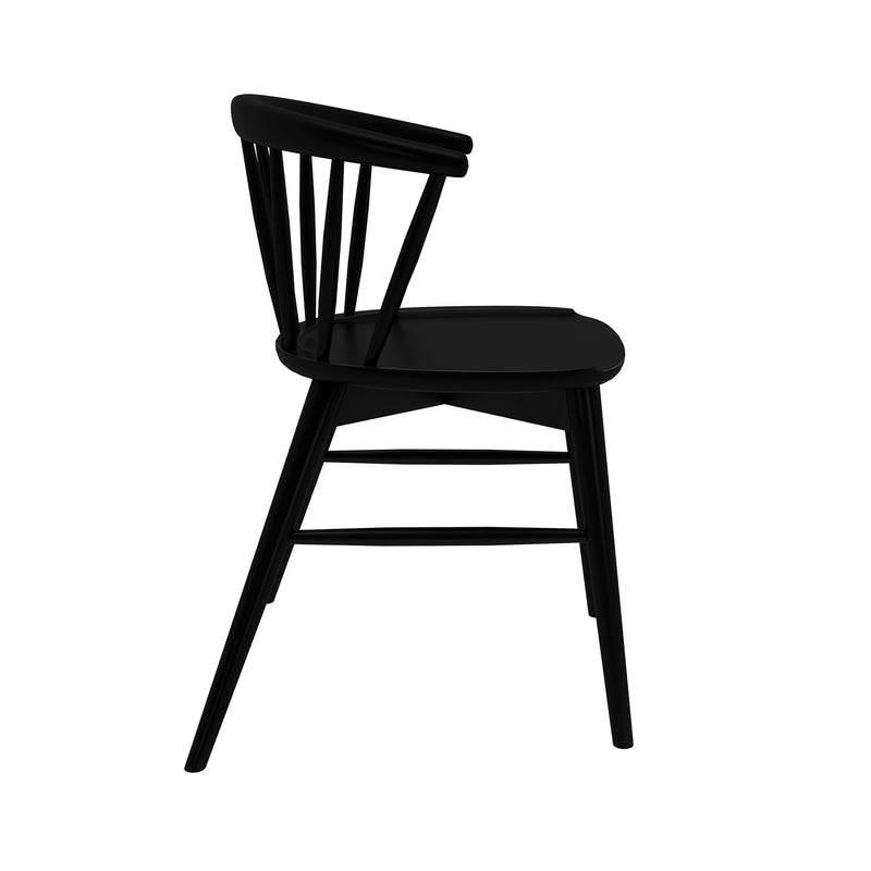 Matte black wooden Windsor dining chair side profile with spindle back and contoured seat — modern farmhouse seating