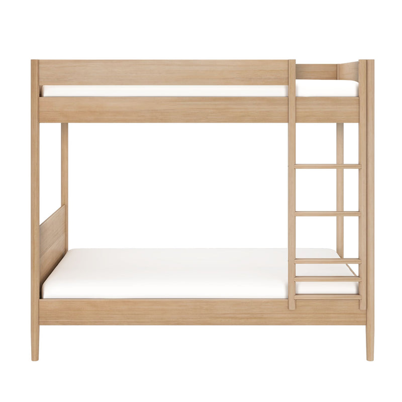 Light natural wood loft-style bunk bed with ladder, guardrails and white mattresses — modern space-saving kids bedroom furniture
