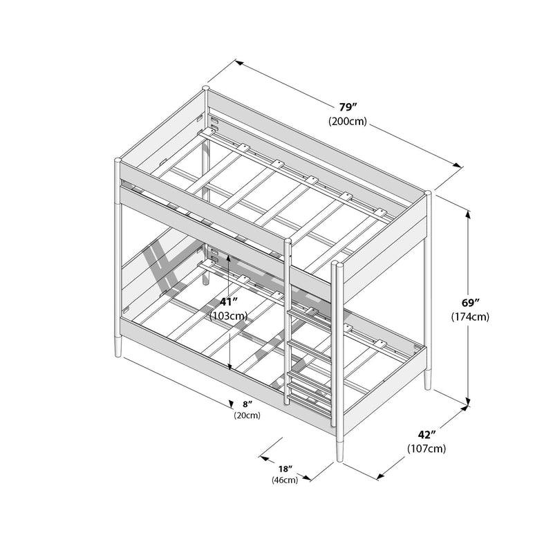 Line drawing of wooden bunk bed assembly with ladder and slatted frames, labeled dimensions 79 in (200 cm) length, 42 in (107 cm) width, 69 in (174 cm) height and 41 in (103 cm) mattress area — bunk bed dimensions diagram