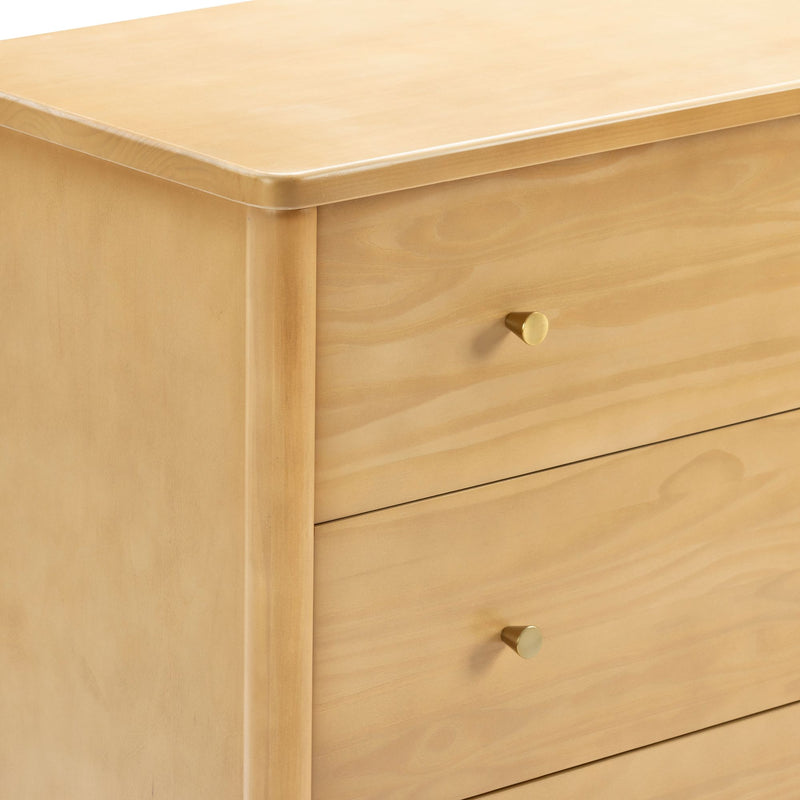 Light natural wood dresser with brass knob drawers, modern minimalist bedroom storage chest