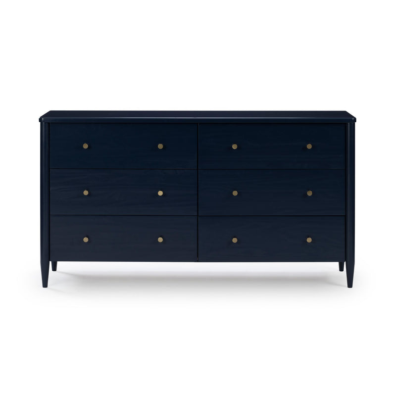 Navy blue six-drawer wooden dresser with round brass knobs and tapered legs, mid-century modern bedroom storage dresser