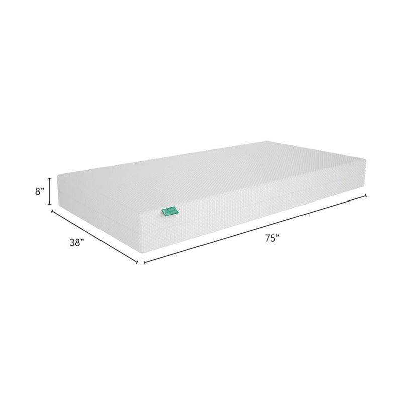 8-inch twin foam mattress (38 x 75 in) with white breathable textured cover and green brand tag