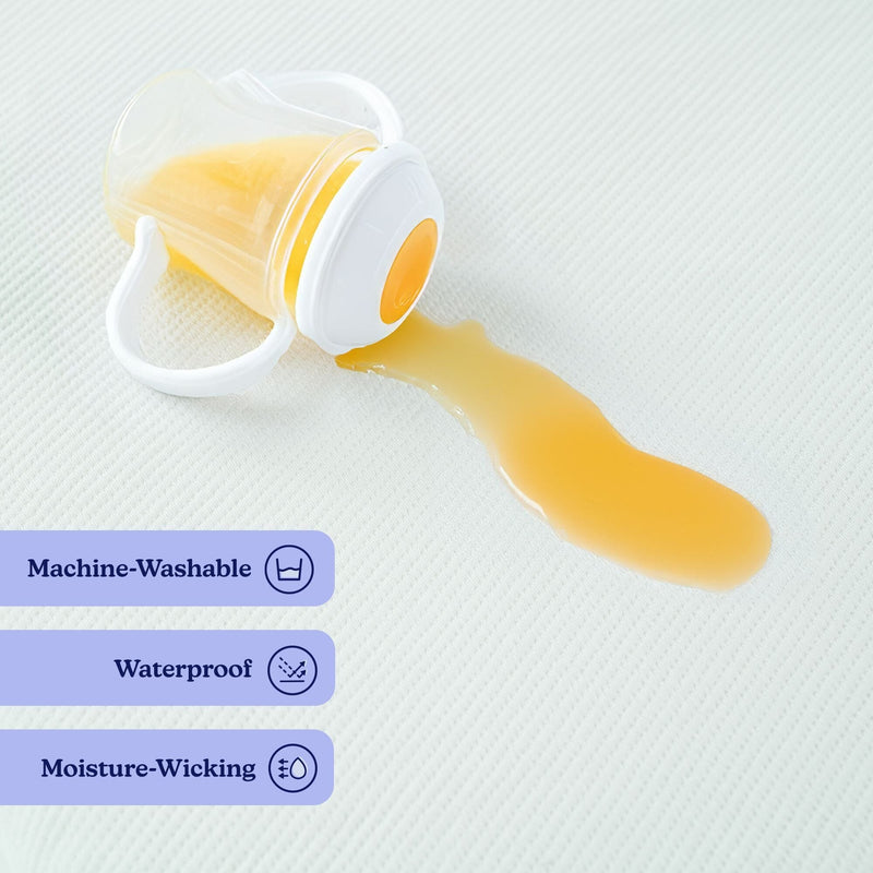 Spilled sippy cup with orange liquid on white waterproof mattress protector — machine-washable, moisture-wicking baby bedding protection