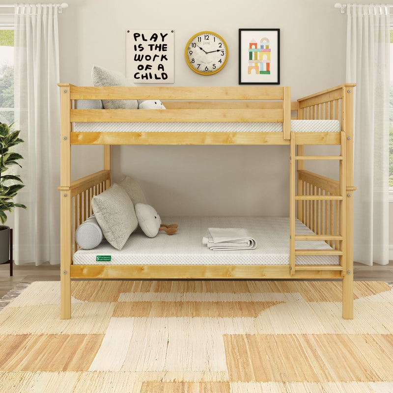 Twin-over-twin solid pine bunk bed with ladder and guardrails in bright children's bedroom with neutral bedding and wall art
