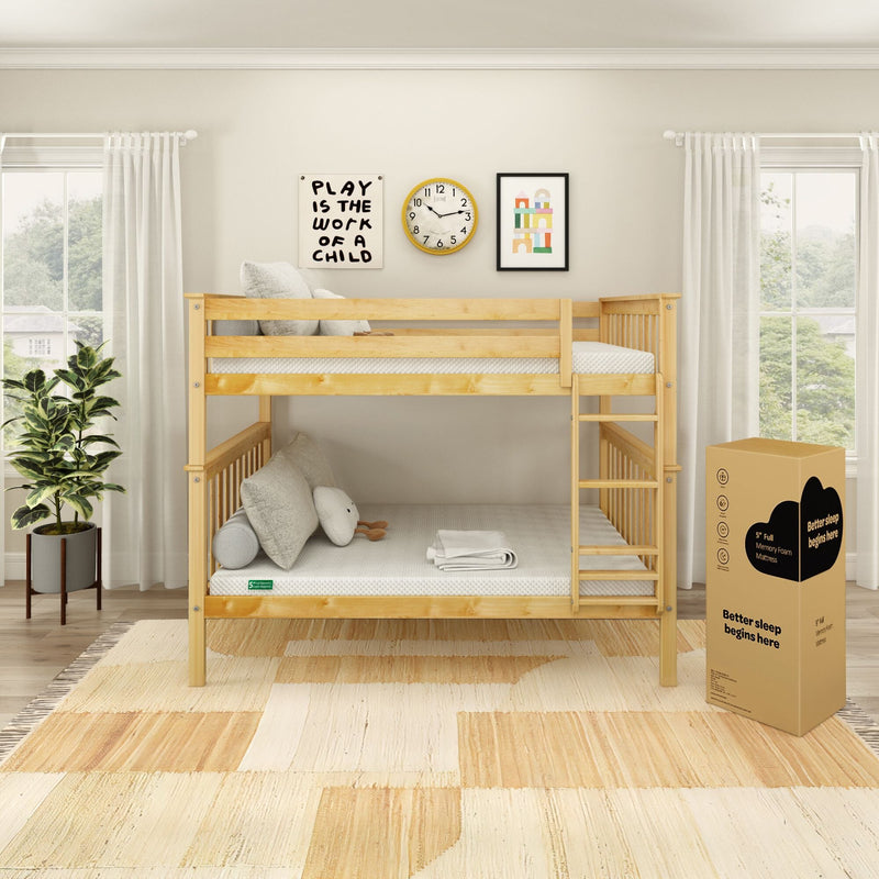Natural wood bunk bed with twin mattresses in bright kids' bedroom, framed wall art and boxed memory-foam mattress