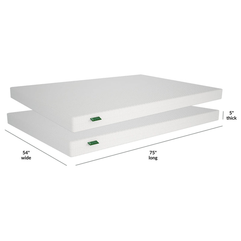 Two stacked full-size 5-inch memory foam mattress toppers with white textured breathable cover, 54 x 75 inches, extra support and comfort