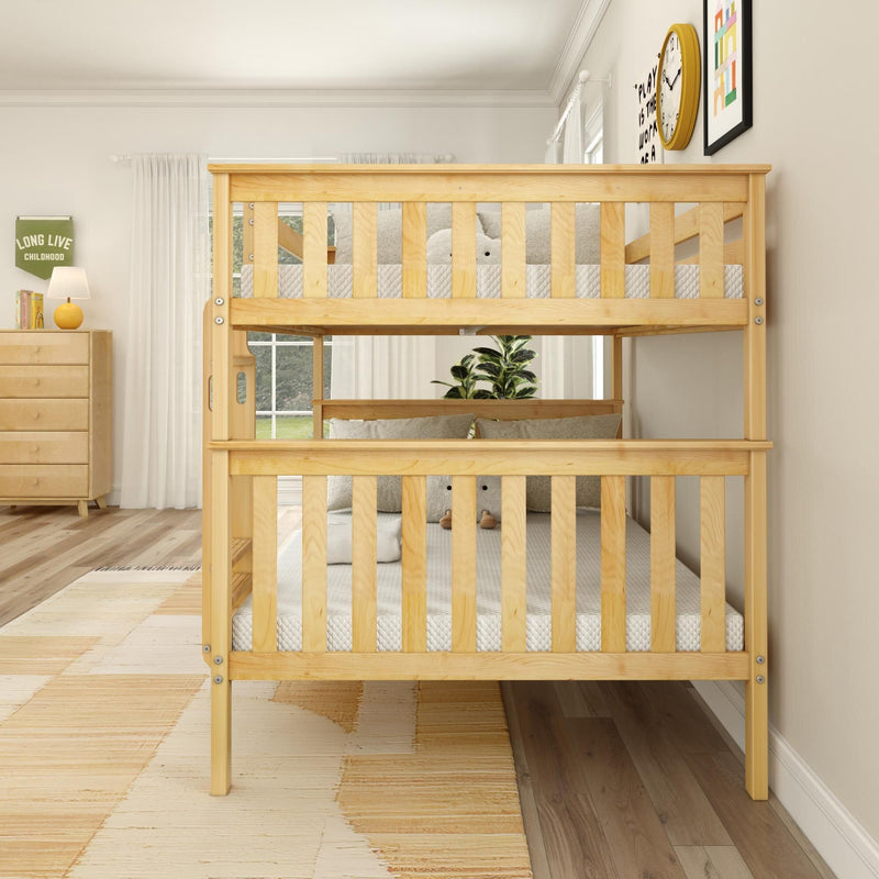 Natural pine twin-over-twin bunk bed with slatted frame in a bright modern kids bedroom featuring neutral bedding, hardwood floors, area rug and wooden dresser